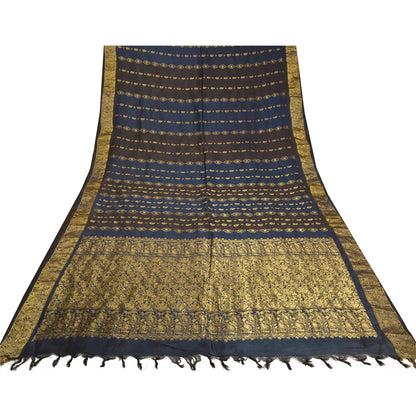 Sanskriti Vintage Blue/Brown Sarees Pure Silk Woven Brocade/Banarasi Sari Sustainable Fabric