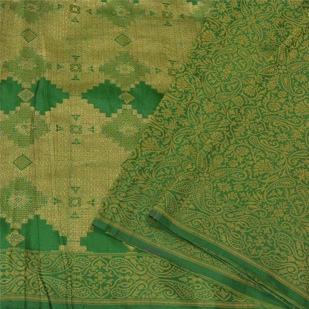 Sanskriti Vintage Green Indian Sarees Pure Silk Woven Premium Sari 5 YD Sustainable Fabric