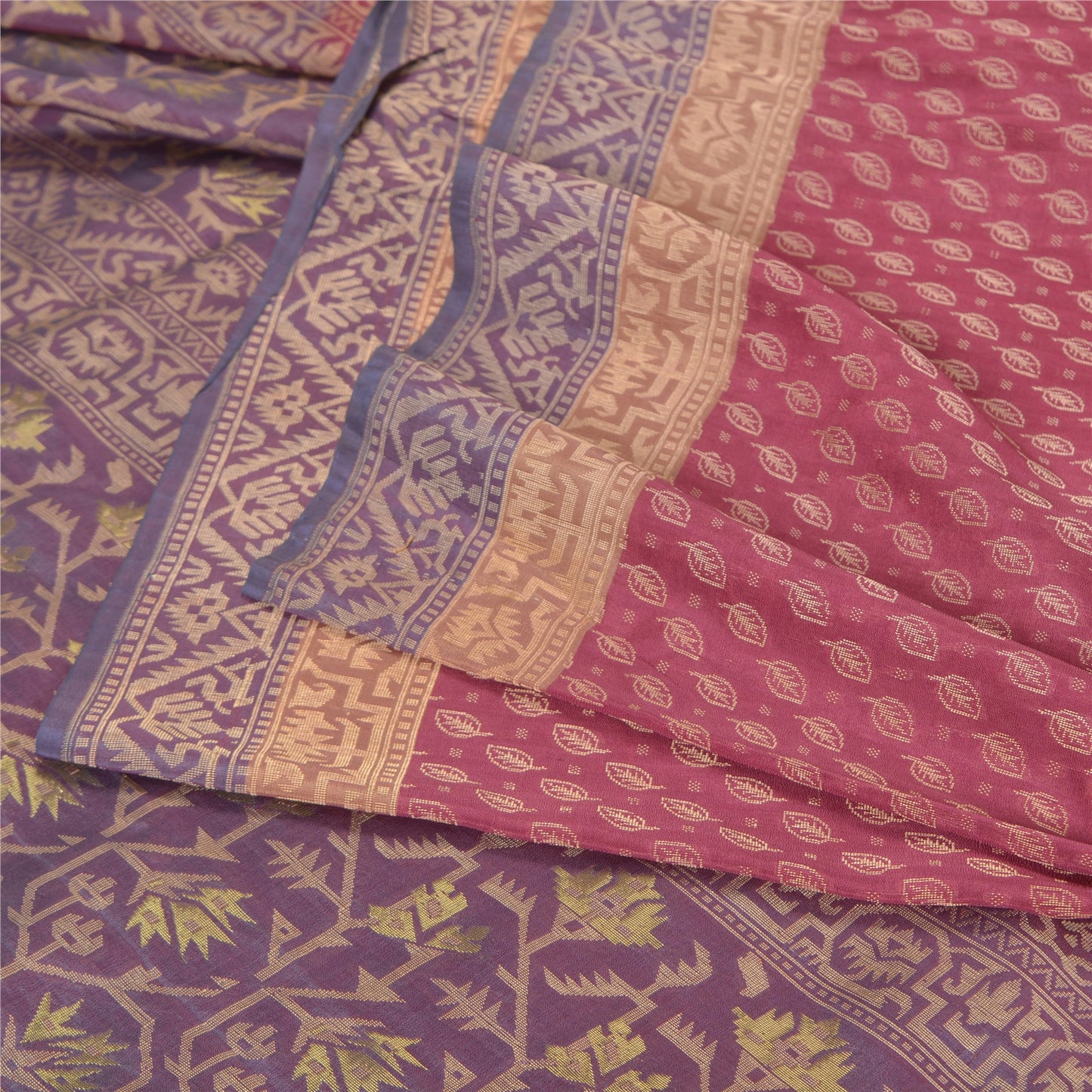 Sanskriti Vintage Pink/Lilla Sarees Pure Silke Woven Jamdani Special Sari Sustainable Stof