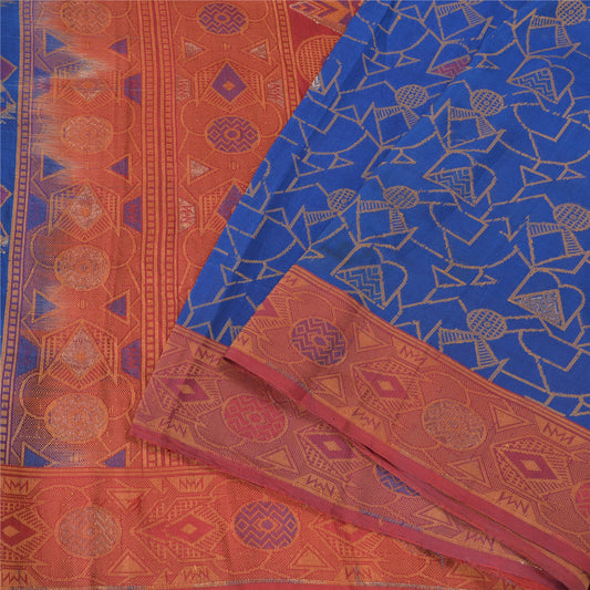 Sanskriti Vintage Blue/Dark Red Sarees 100% Pure Silk Woven Tanchoi Sari Sustainable Fabric