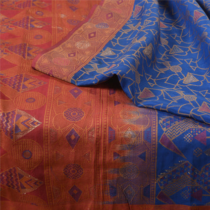 Sanskriti Vintage Blå/Mørkerøde Sarier 100% Ren Silke Vævet Tanchoi Sari Bæredygtigt Stof