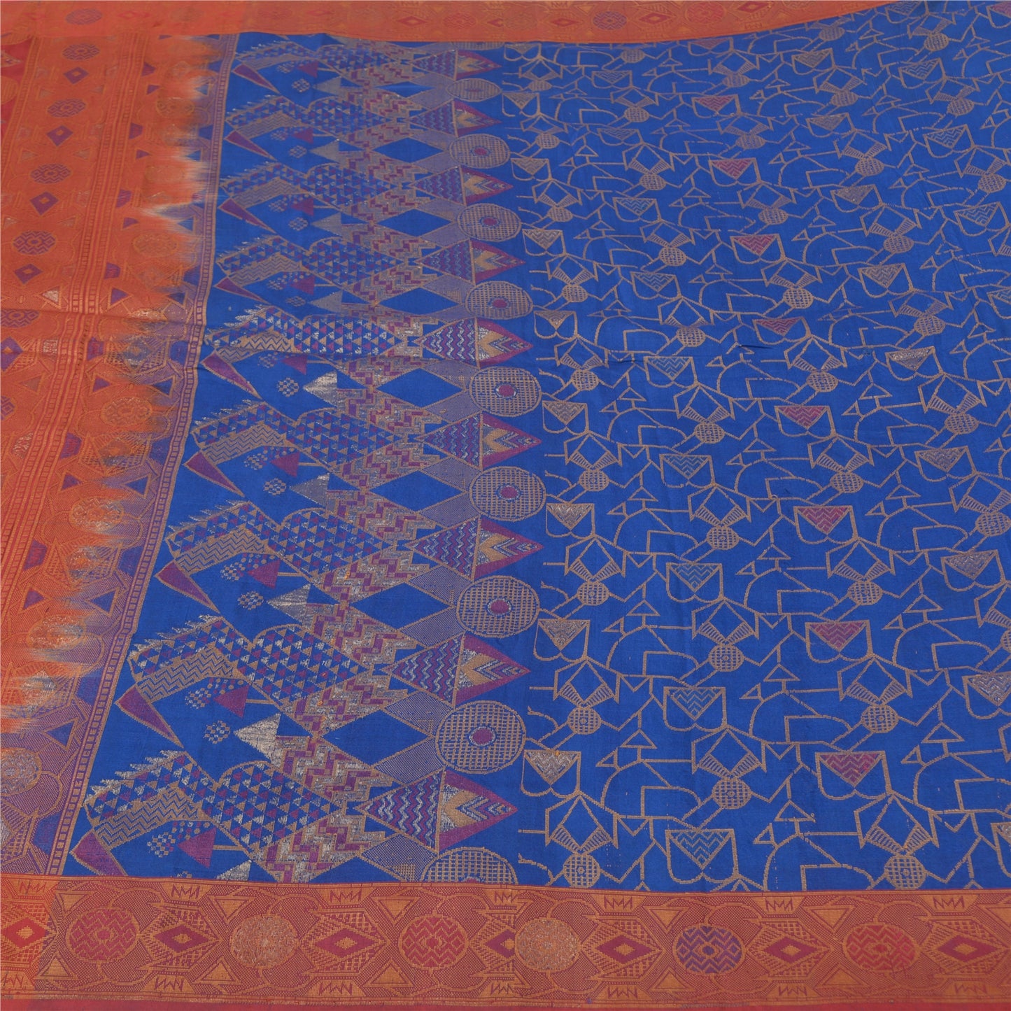 Sanskriti Vintage Blå/Mørkerøde Sarier 100% Ren Silke Vævet Tanchoi Sari Bæredygtigt Stof