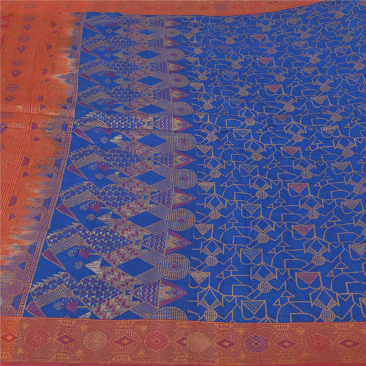 Sanskriti Vintage Blue/Dark Red Sarees 100% Pure Silk Woven Tanchoi Sari Sustainable Fabric