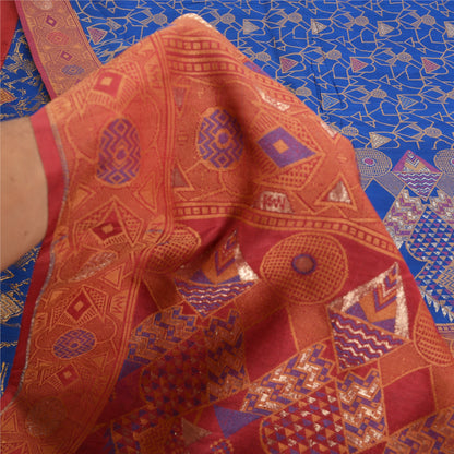 Sanskriti Vintage Blå/Mørkerøde Sarier 100% Ren Silke Vævet Tanchoi Sari Bæredygtigt Stof