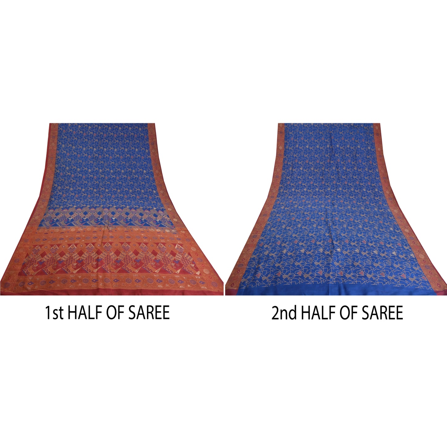 Sanskriti Vintage Blå/Mørkerøde Sarier 100% Ren Silke Vævet Tanchoi Sari Bæredygtigt Stof