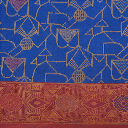 Sanskriti Vintage Blå/Mørkerøde Sarier 100% Ren Silke Vævet Tanchoi Sari Bæredygtigt Stof