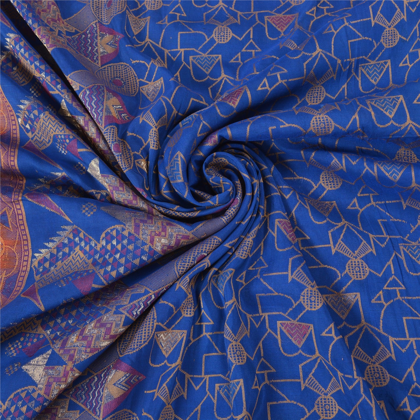 Sanskriti Vintage Blå/Mørkerøde Sarier 100% Ren Silke Vævet Tanchoi Sari Bæredygtigt Stof