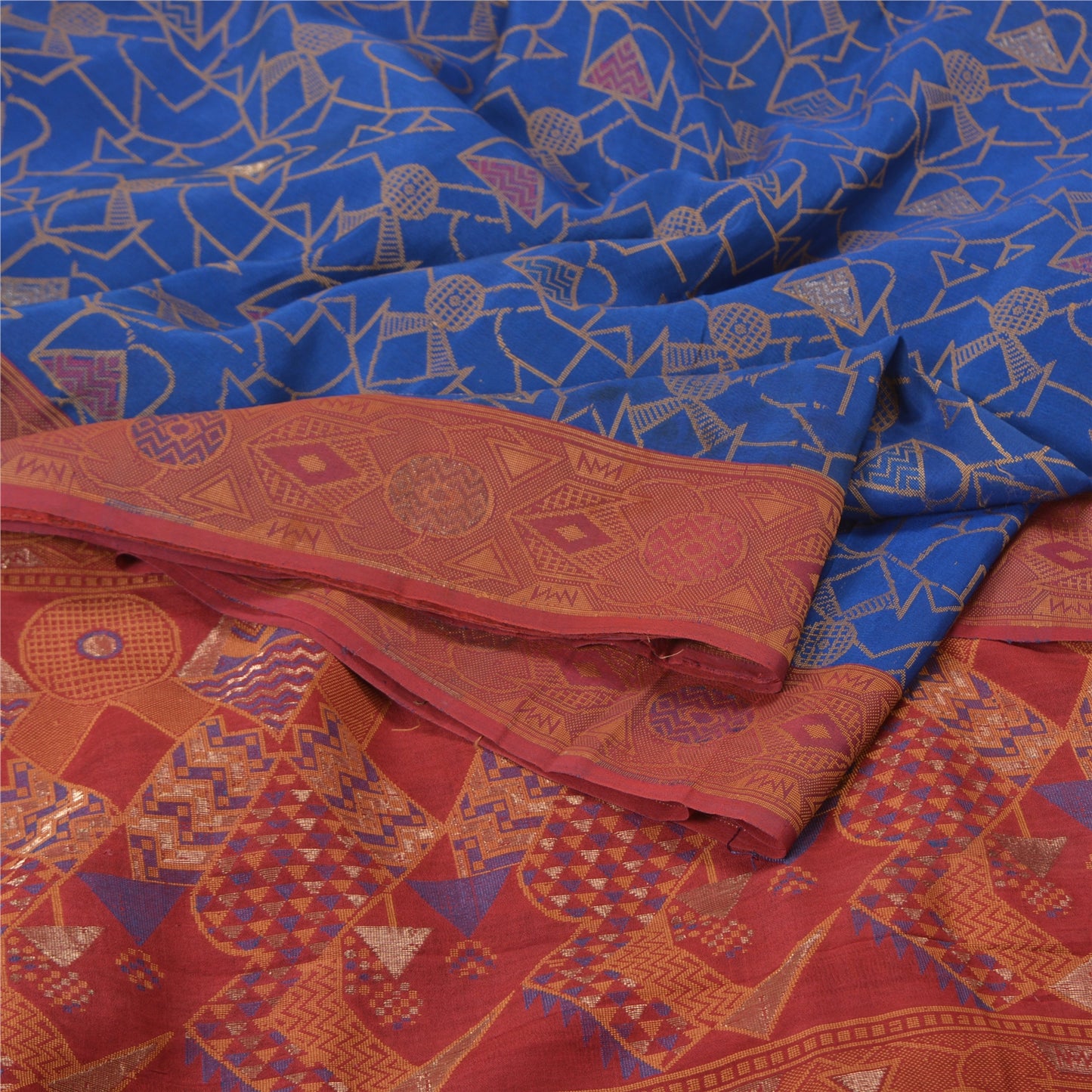 Sanskriti Vintage Blå/Mørkerøde Sarier 100% Ren Silke Vævet Tanchoi Sari Bæredygtigt Stof