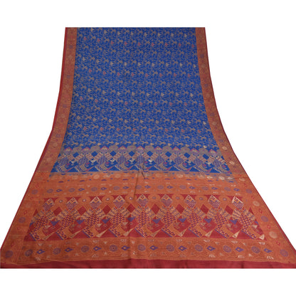 Sanskriti Vintage Blå/Mørkerøde Sarier 100% Ren Silke Vævet Tanchoi Sari Bæredygtigt Stof