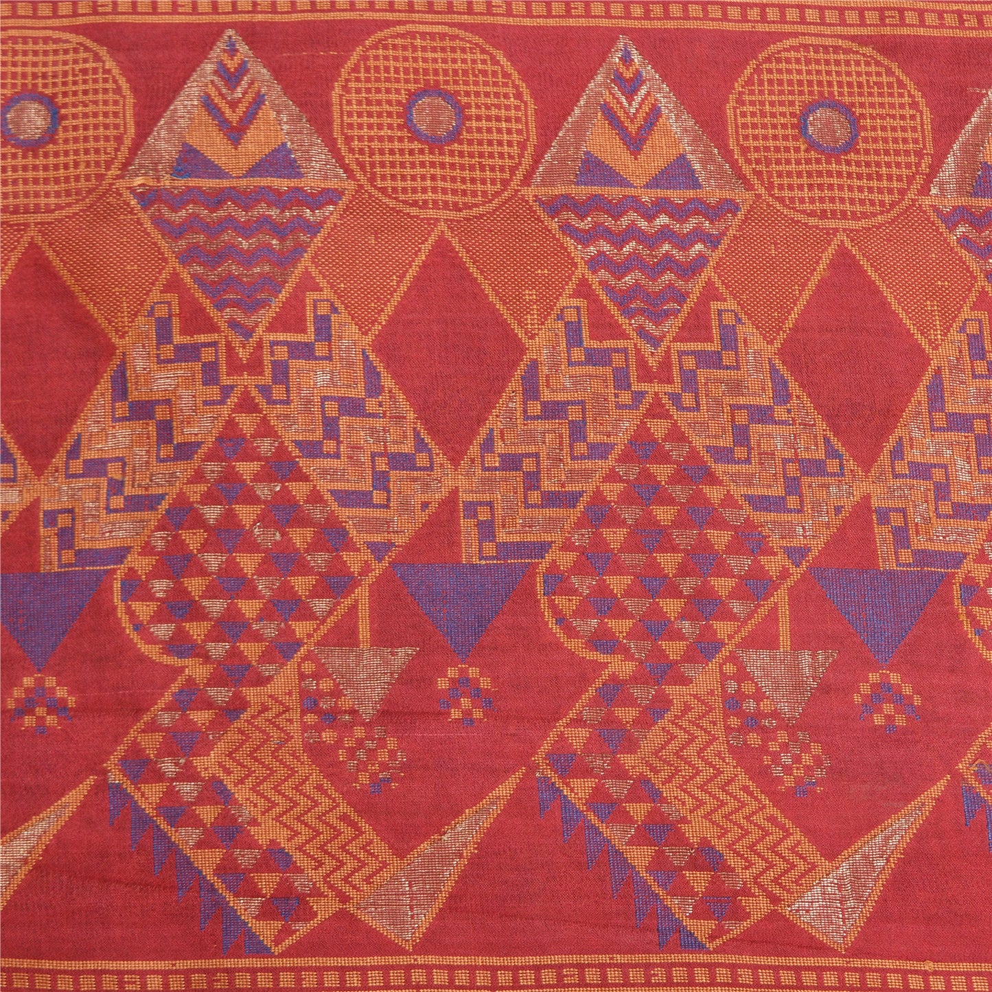 Sanskriti Vintage Blå/Mørkerøde Sarier 100% Ren Silke Vævet Tanchoi Sari Bæredygtigt Stof