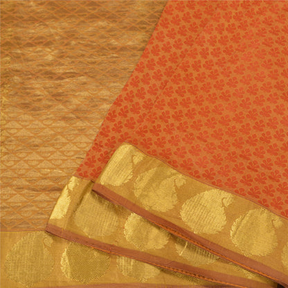 Sanskriti Vintage Orange/Golden Sarees Pure Silk Brocade/Banarasi Sari Sustainable Fabric