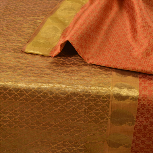 Sanskriti Vintage Orange/Golden Sarees Pure Silk Brocade/Banarasi Sari Sustainable Fabric