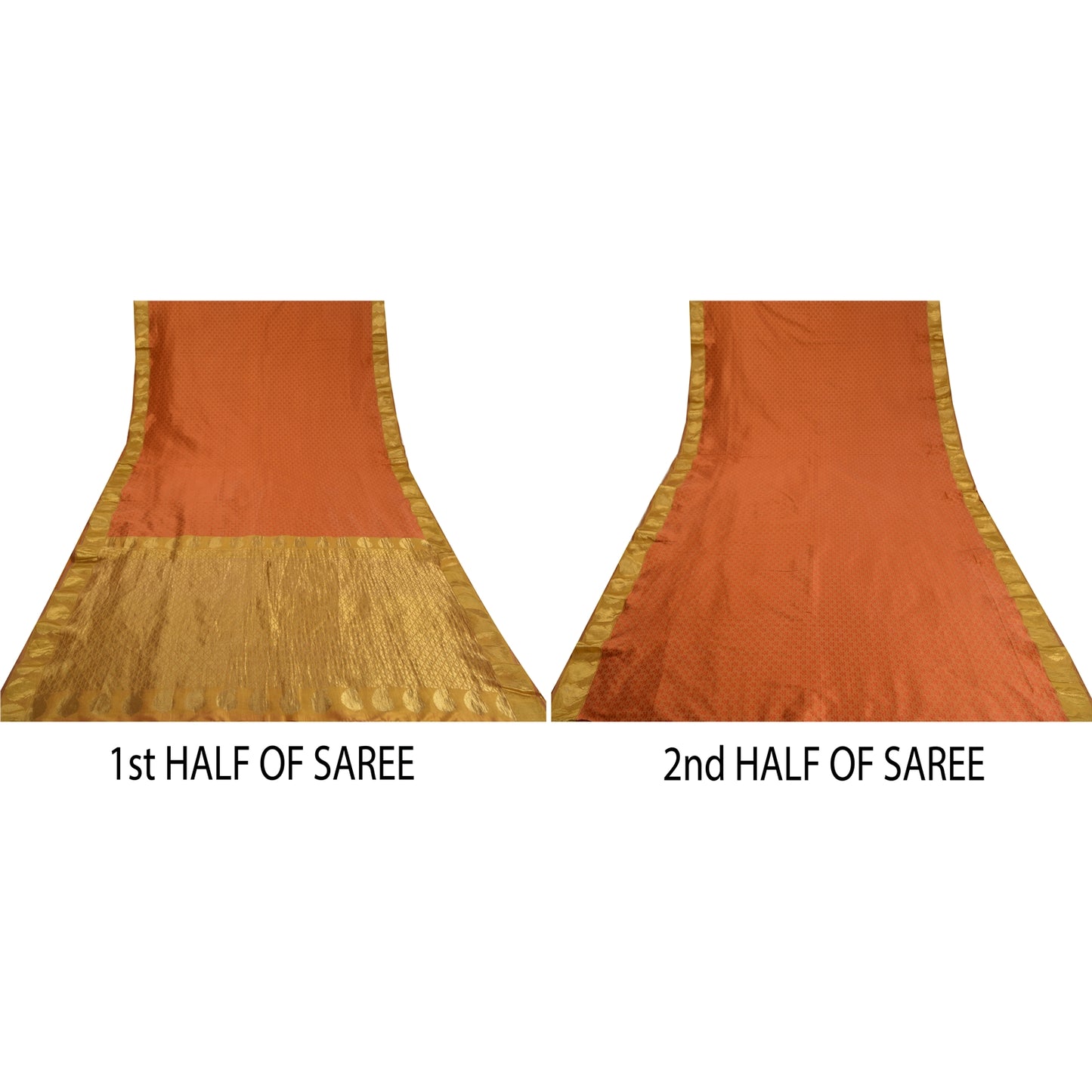 Sanskriti Vintage Orange/Golden Sarees Pure Silk Brocade/Banarasi Sari Sustainable Fabric