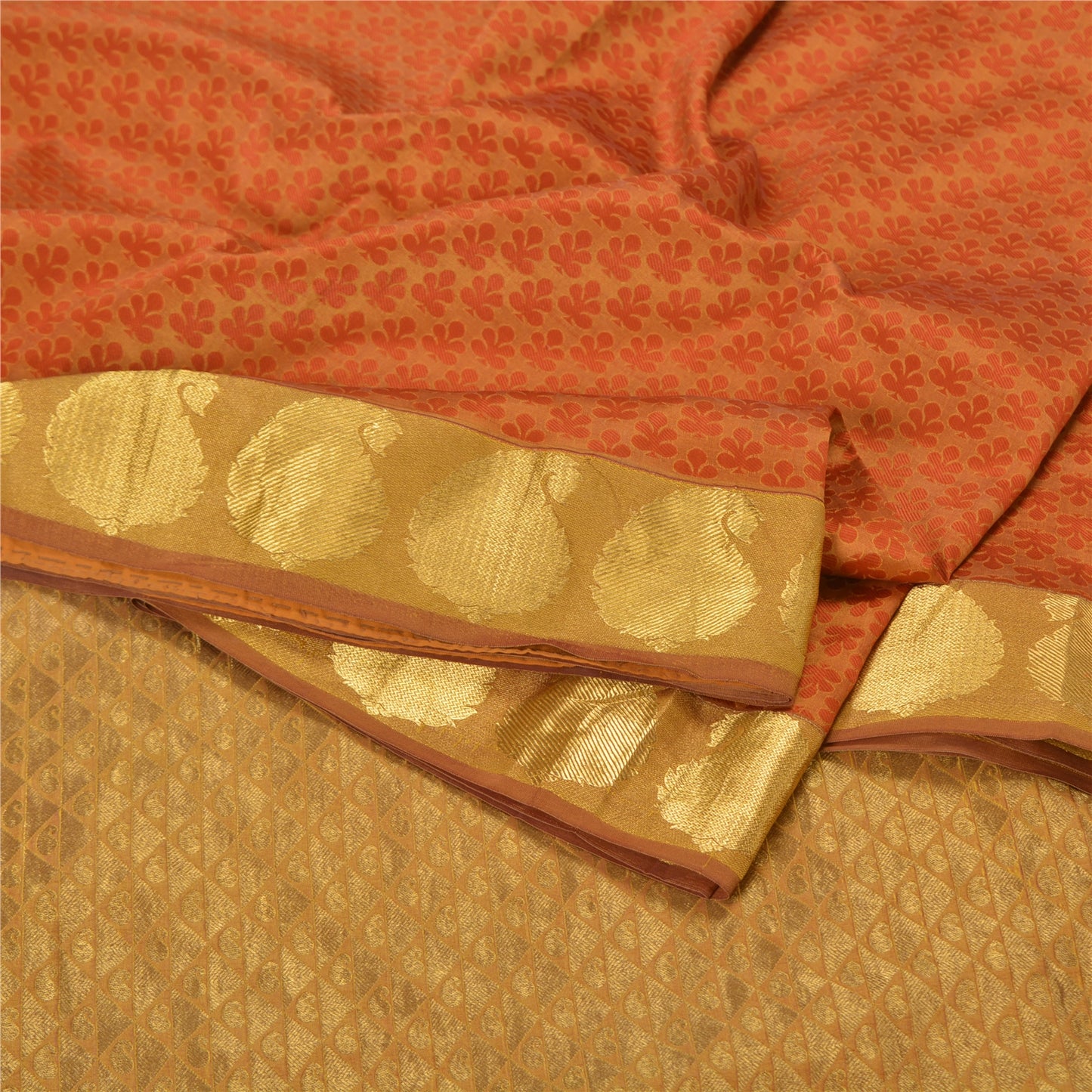 Sanskriti Vintage Orange/Golden Sarees Pure Silk Brocade/Banarasi Sari Sustainable Fabric