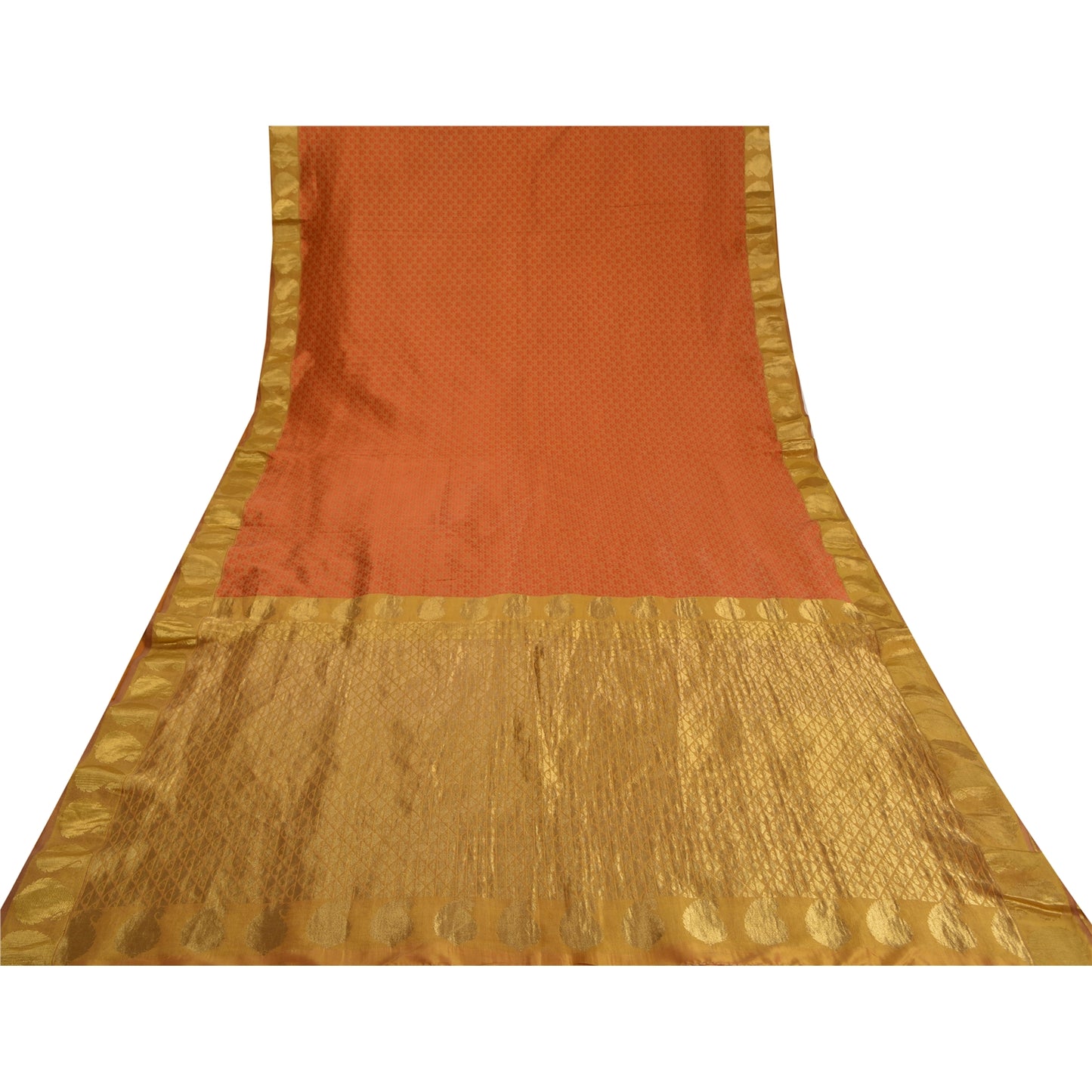 Sanskriti Vintage Orange/Golden Sarees Pure Silk Brocade/Banarasi Sari Sustainable Fabric