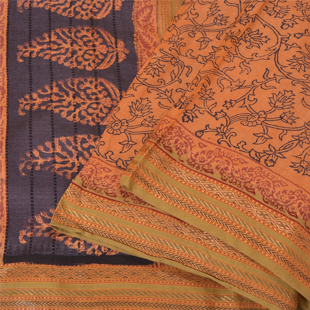 Sanskriti Vintage Saffron Sarees Pure Tussar Silk Hand-Block Print Sarees Fabric
