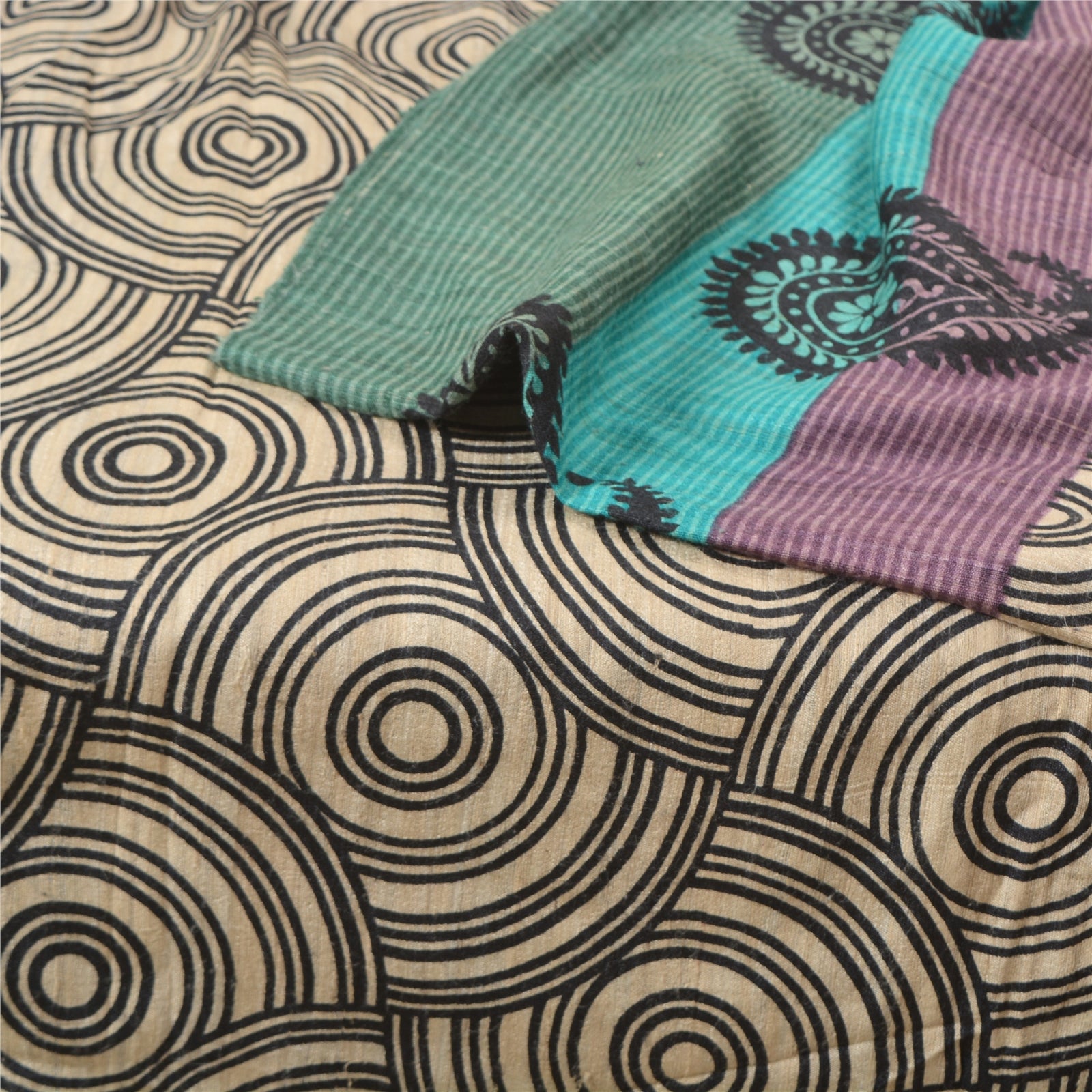 Sanskriti Vintage Saree 100% Pure Handloom Silk Indian Multicolor Hand Block Printed Sarees Abstract 5+Yd Fabric, Sewing Craft Supplies