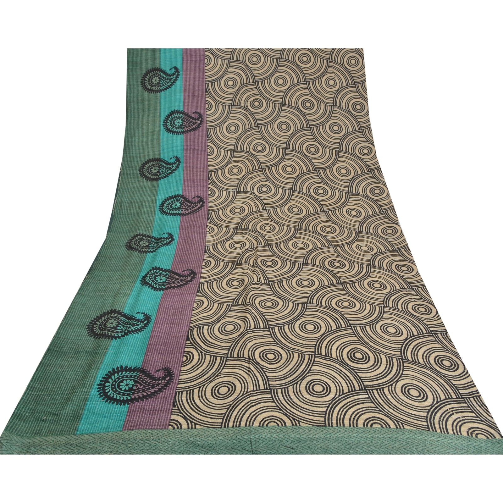 Sanskriti Vintage Saree 100% Pure Handloom Silk Indian Multicolor Hand Block Printed Sarees Abstract 5+Yd Fabric, Sewing Craft Supplies