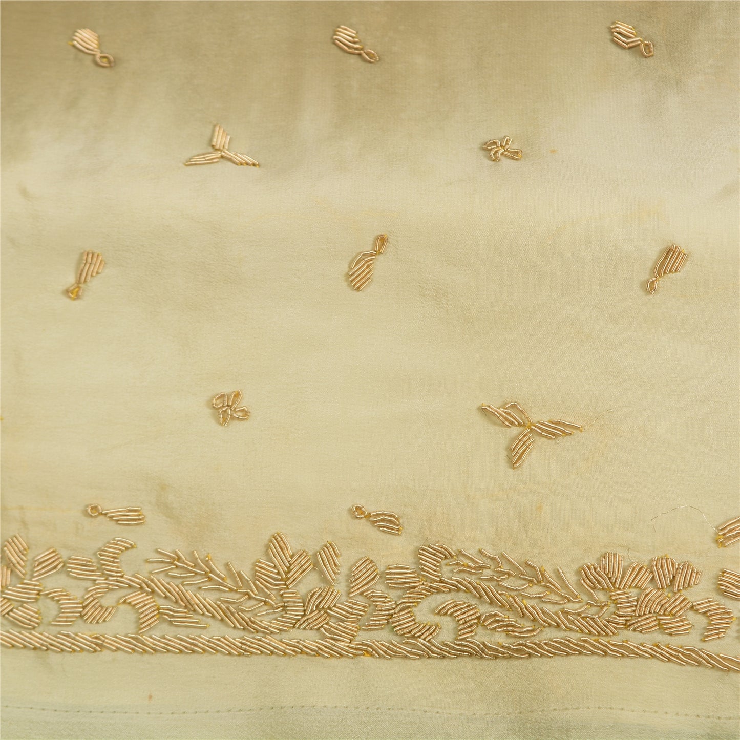 Sanskriti Vintage Green/Ivory Sarees Pure Crepe Silk Hand Beaded Sari Sustainable Fabric