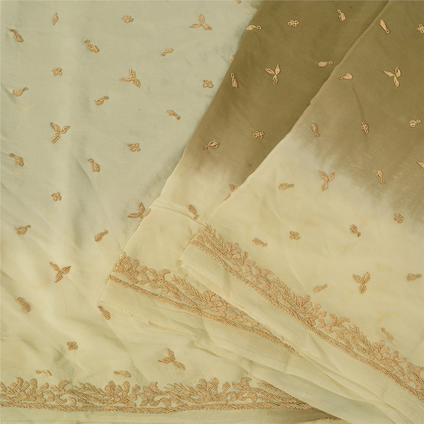 Sanskriti Vintage Green/Ivory Sarees Pure Crepe Silk Hand Beaded Sari Sustainable Fabric