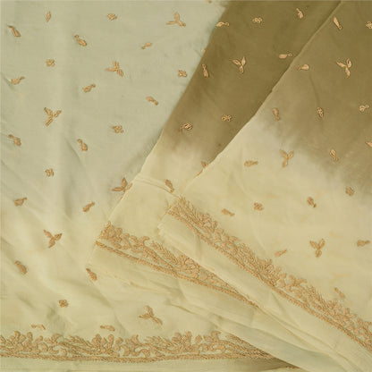 Sanskriti Vintage Green/Ivory Sarees Pure Crepe Silk Hand Beaded Sari Sustainable Fabric