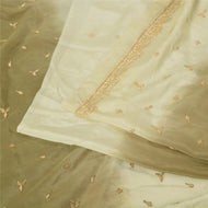 Sanskriti Vintage Green/Ivory Sarees Pure Crepe Silk Hand Beaded Sari Fabric