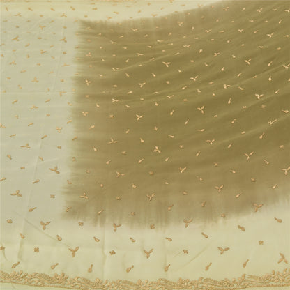 Sanskriti Vintage Green/Ivory Sarees Pure Crepe Silk Hand Beaded Sari Sustainable Fabric