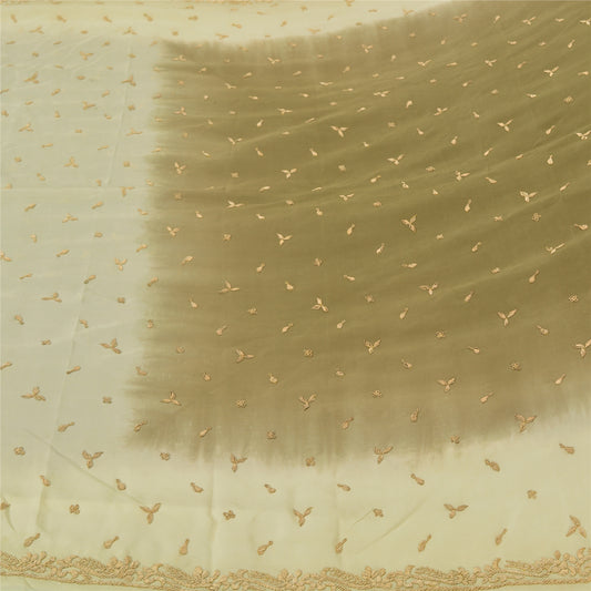 Sanskriti Vintage Green/Ivory Sarees Pure Crepe Silk Hand Beaded Sari Sustainable Fabric