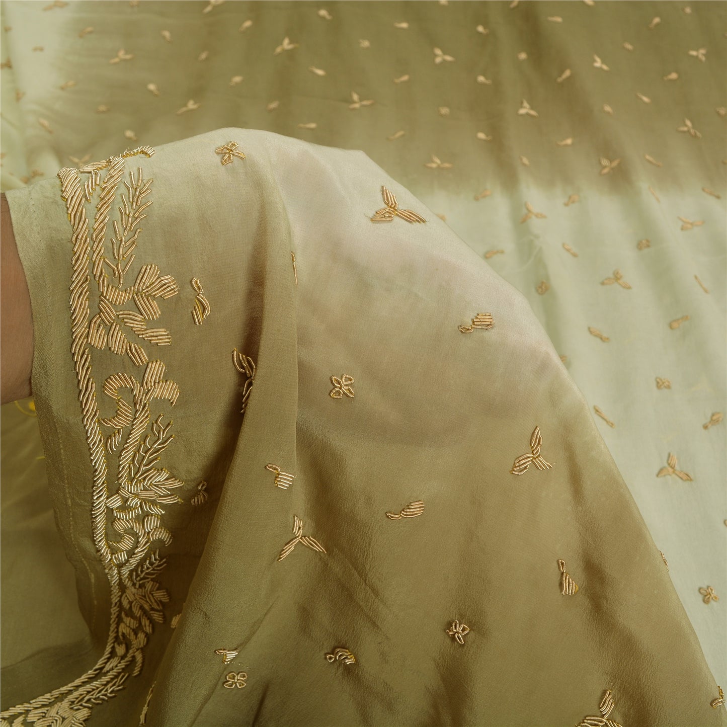 Sanskriti Vintage Green/Ivory Sarees Pure Crepe Silk Hand Beaded Sari Sustainable Fabric