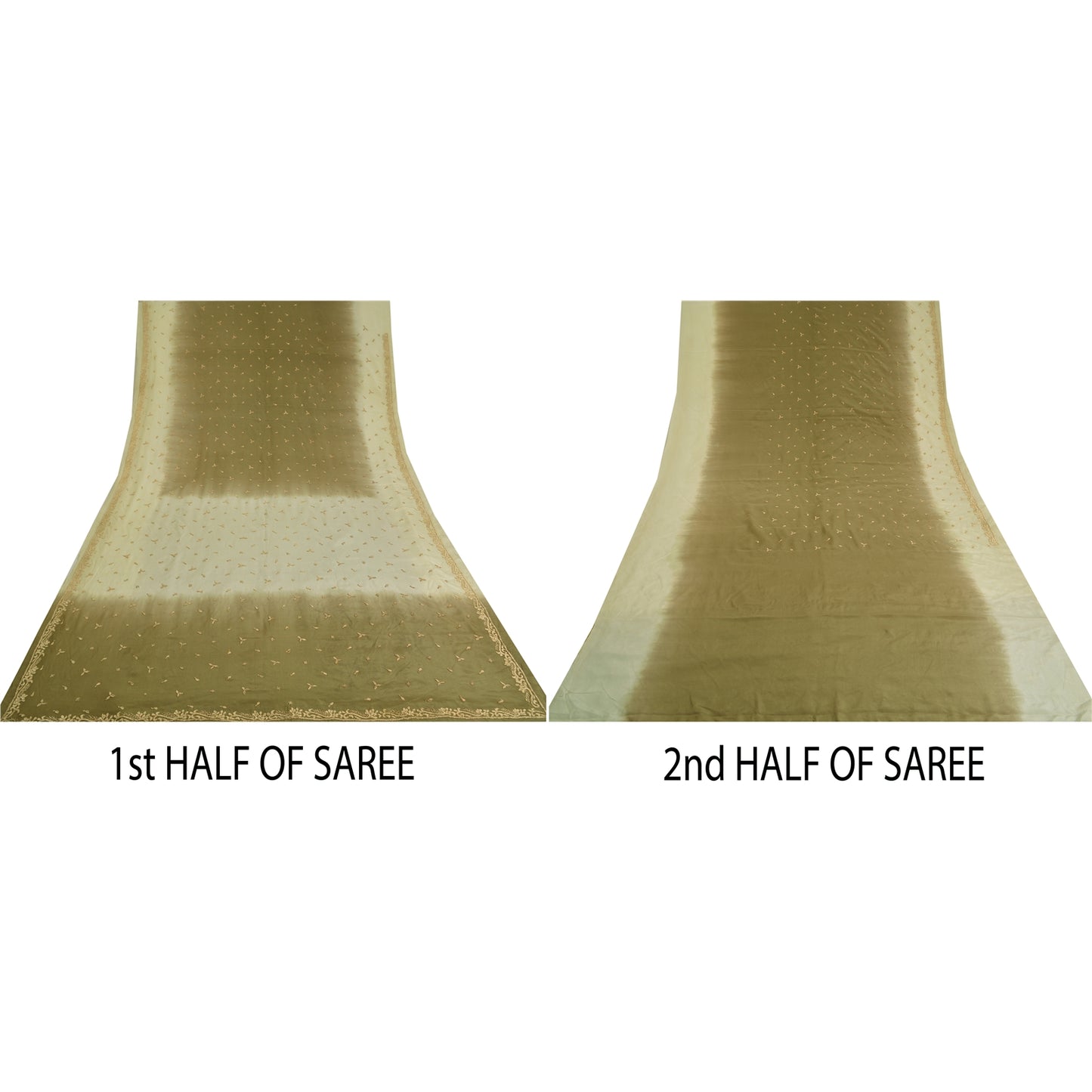 Sanskriti Vintage Green/Ivory Sarees Pure Crepe Silk Hand Beaded Sari Sustainable Fabric