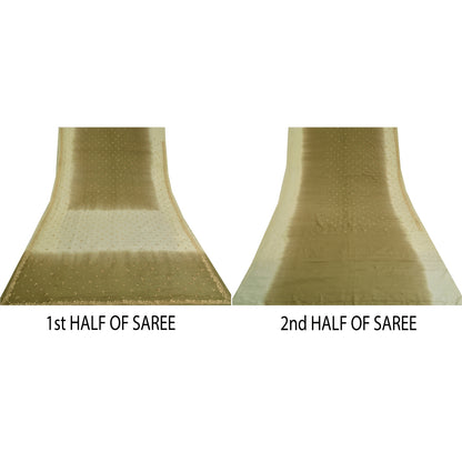 Sanskriti Vintage Green/Ivory Sarees Pure Crepe Silk Hand Beaded Sari Sustainable Fabric