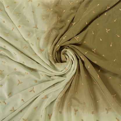 Sanskriti Vintage Green/Ivory Sarees Pure Crepe Silk Hand Beaded Sari Sustainable Fabric