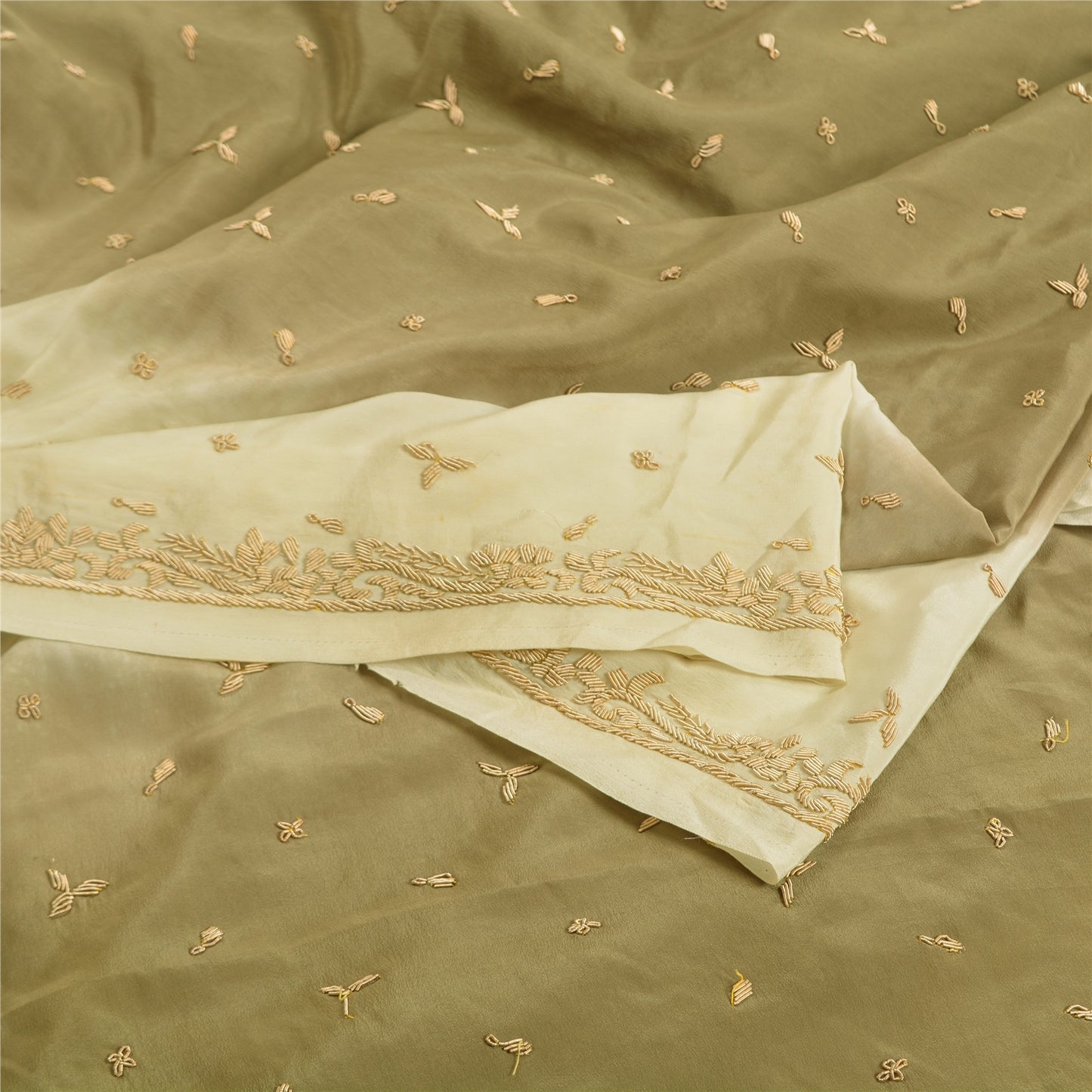 Sanskriti Vintage Green/Ivory Sarees Pure Crepe Silk Hand Beaded Sari Sustainable Fabric