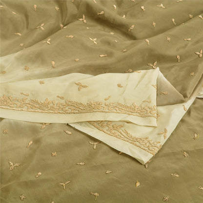 Sanskriti Vintage Green/Ivory Sarees Pure Crepe Silk Hand Beaded Sari Sustainable Fabric