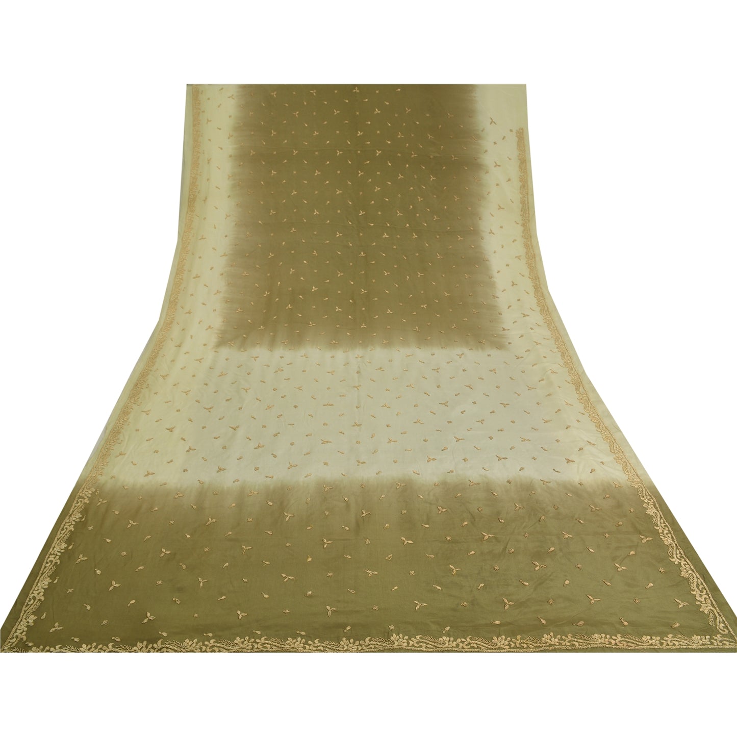 Sanskriti Vintage Green/Ivory Sarees Pure Crepe Silk Hand Beaded Sari Sustainable Fabric