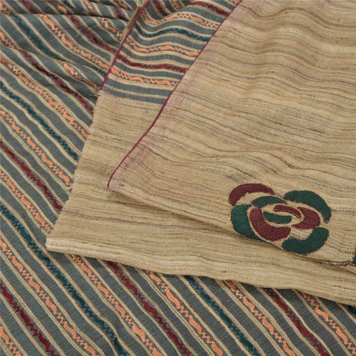 Sanskriti Vintage Elfenbens Sarees Ren Håndvævet Silke Broderet Vævet Sari Bæredygtigt Stof