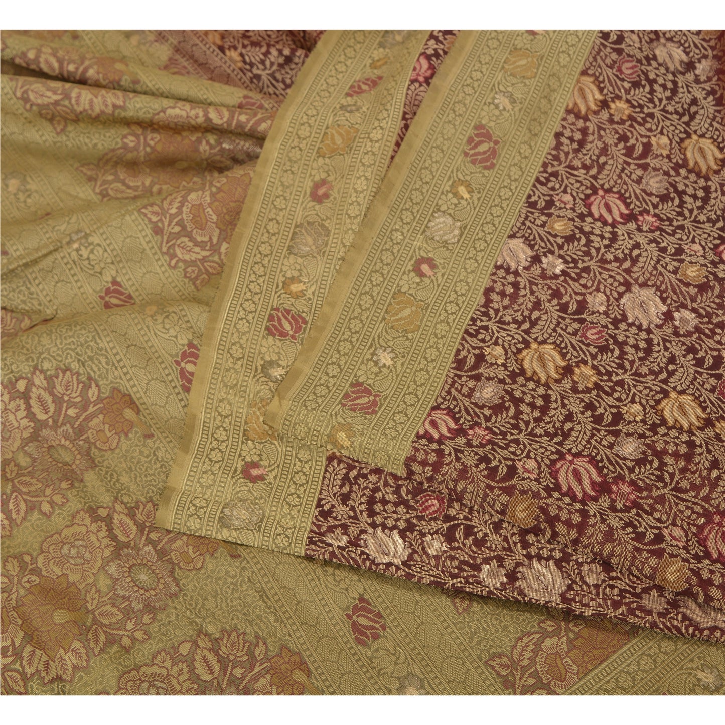 Sanskriti Vintage Dark Red/Green Sarees Pure Silk Woven Premium Sari Sustainable Fabric