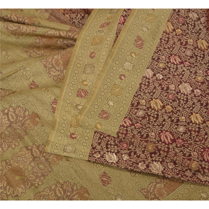 Sanskriti Vintage Dark Red/Green Sarees Pure Silk Woven Premium Sari Sustainable Fabric