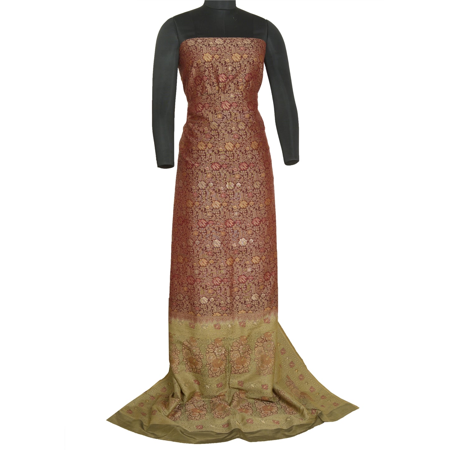 Sanskriti Vintage Dark Red/Green Sarees Pure Silk Woven Premium Sari Sustainable Fabric