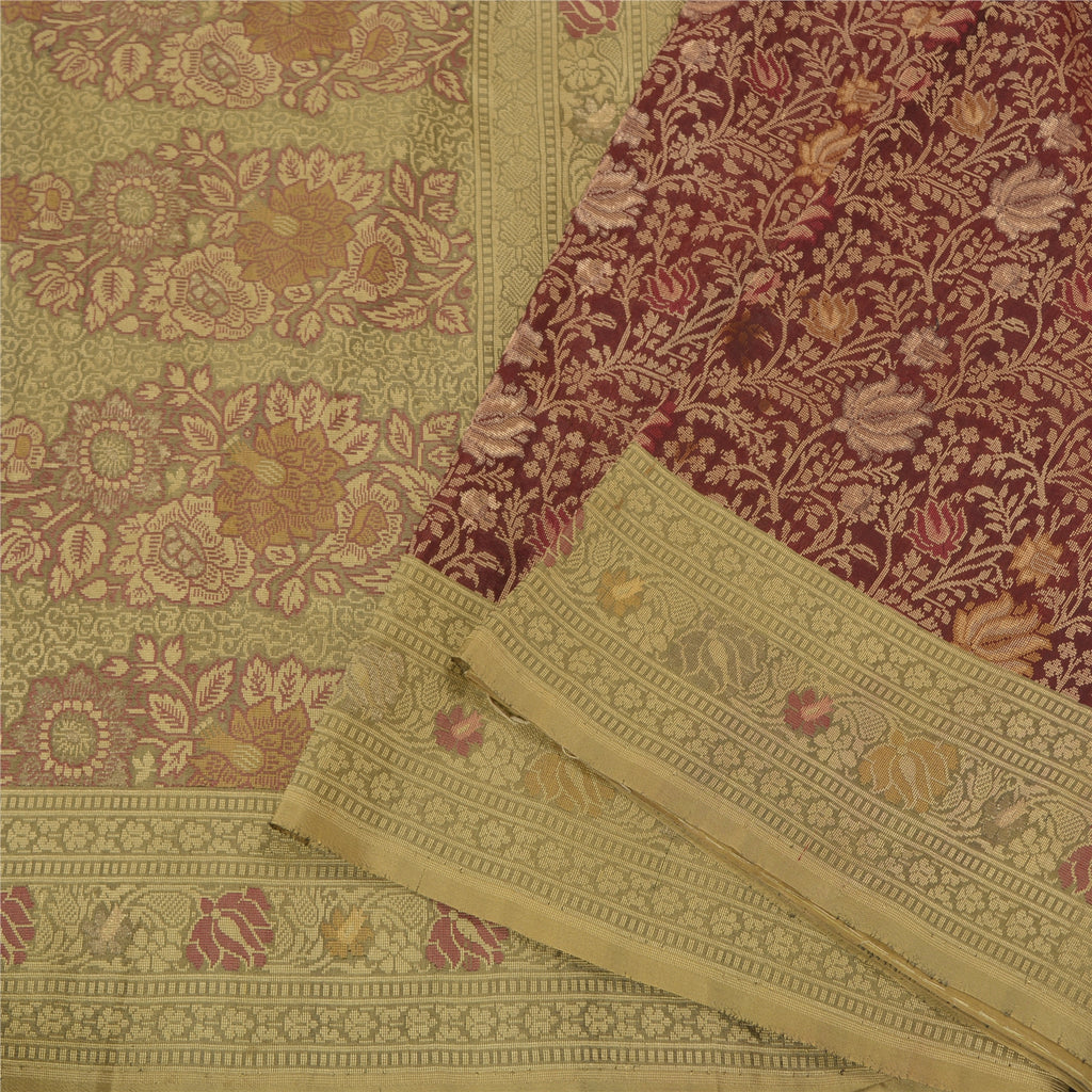 Sanskriti Vintage Dark Red/Green Sarees Pure Silk Woven Premium Sari Sustainable Fabric