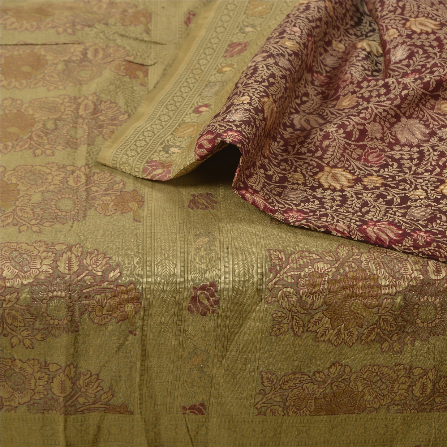 Sanskriti Vintage Dark Red/Green Sarees Pure Silk Woven Premium Sari Sustainable Fabric