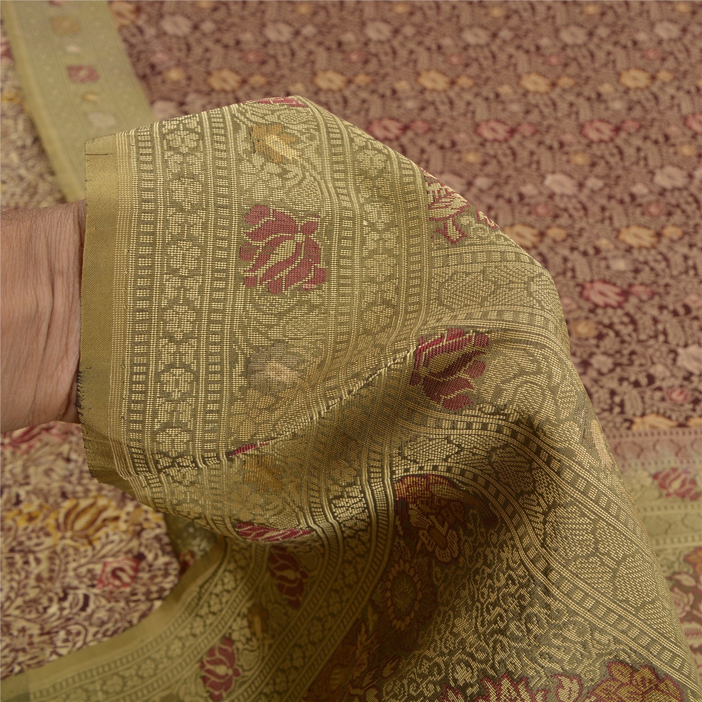 Sanskriti Vintage Dark Red/Green Sarees Pure Silk Woven Premium Sari Sustainable Fabric