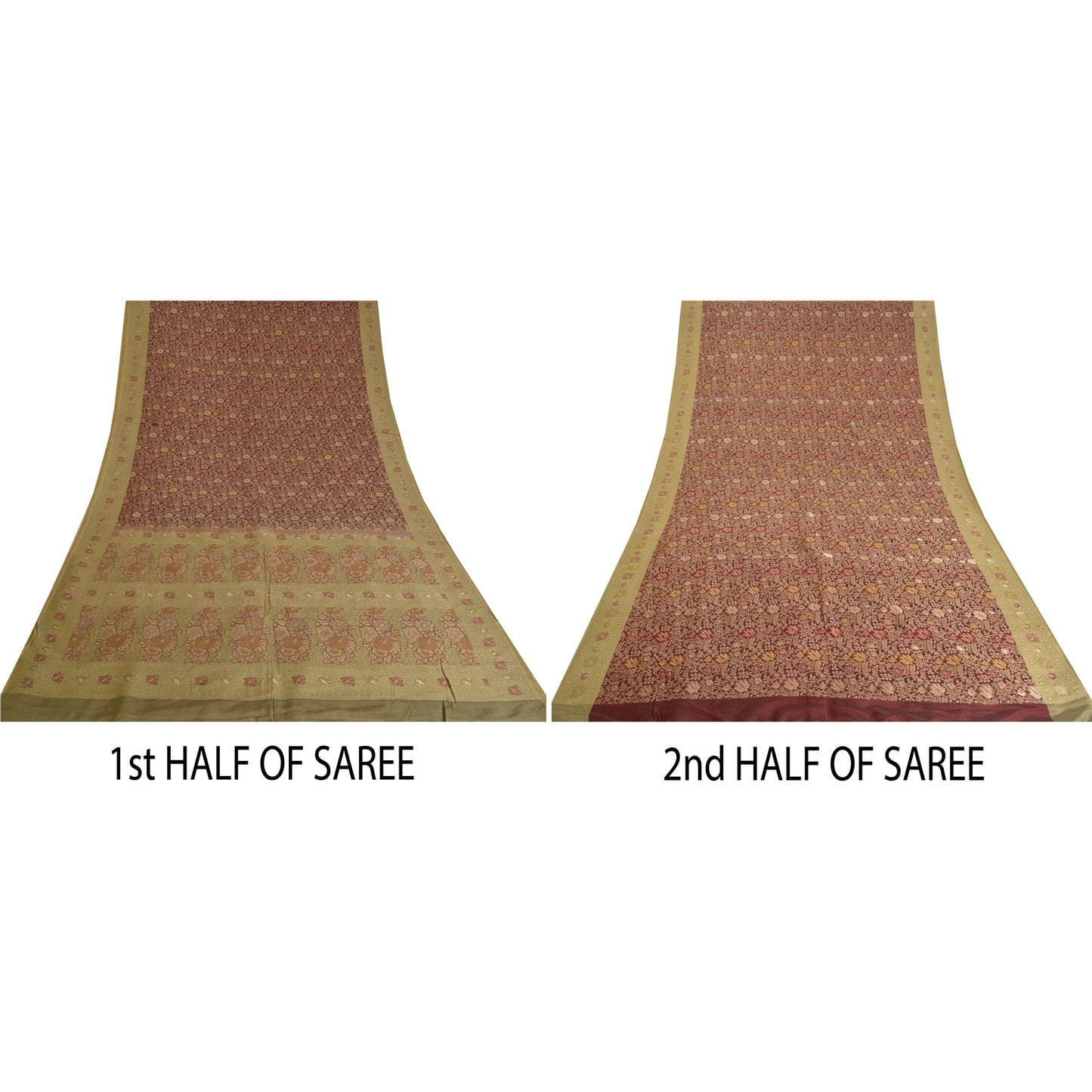 Sanskriti Vintage Dark Red/Green Sarees Pure Silk Woven Premium Sari Sustainable Fabric