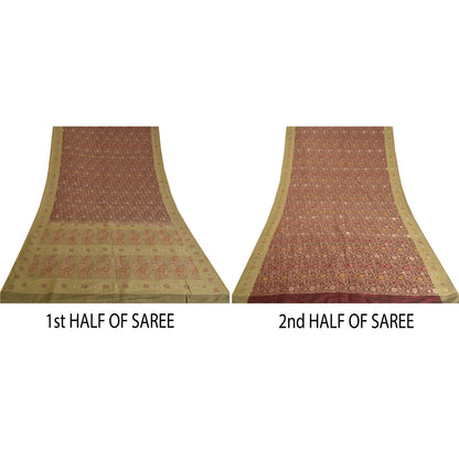 Sanskriti Vintage Dark Red/Green Sarees Pure Silk Woven Premium Sari Sustainable Fabric