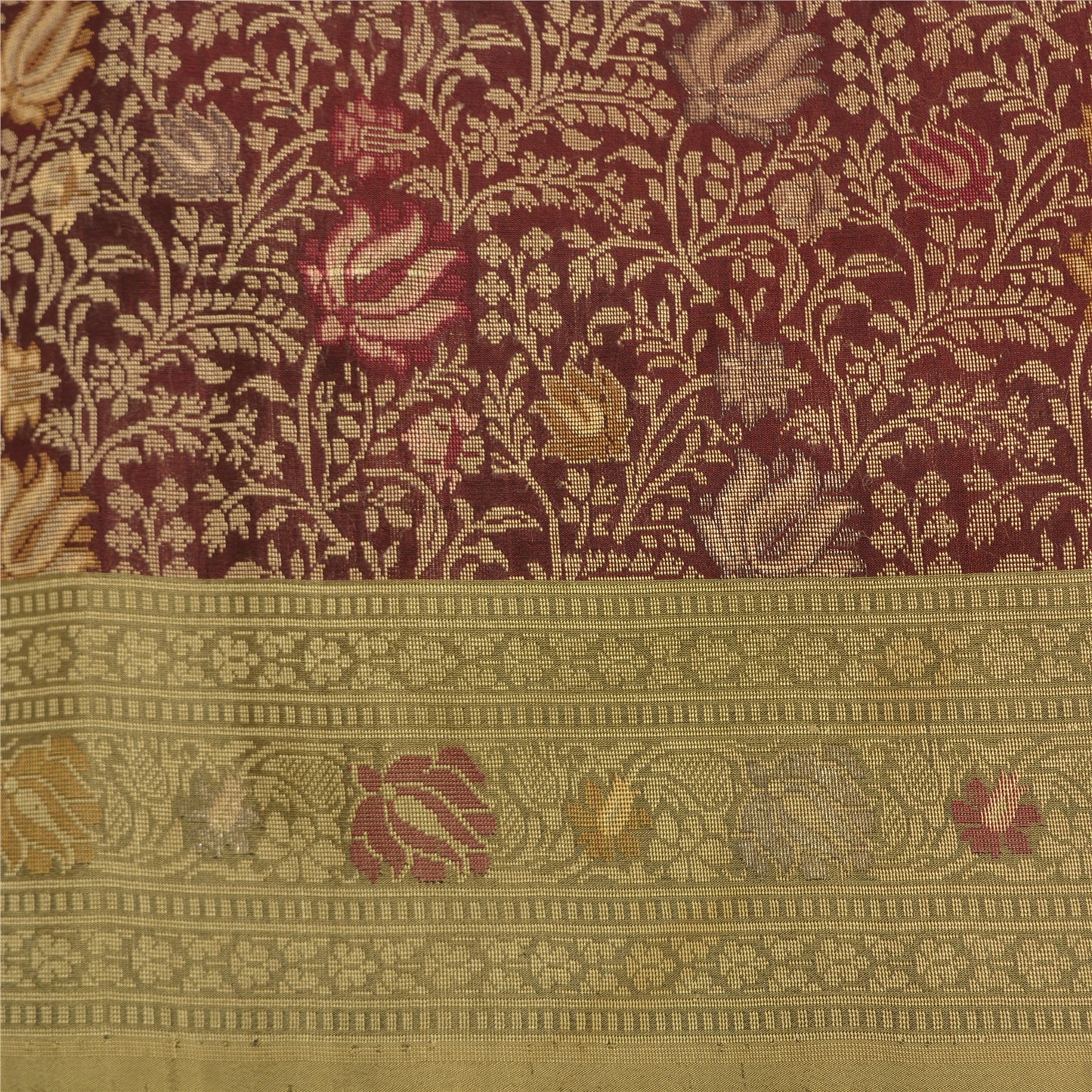 Sanskriti Vintage Dark Red/Green Sarees Pure Silk Woven Premium Sari Sustainable Fabric