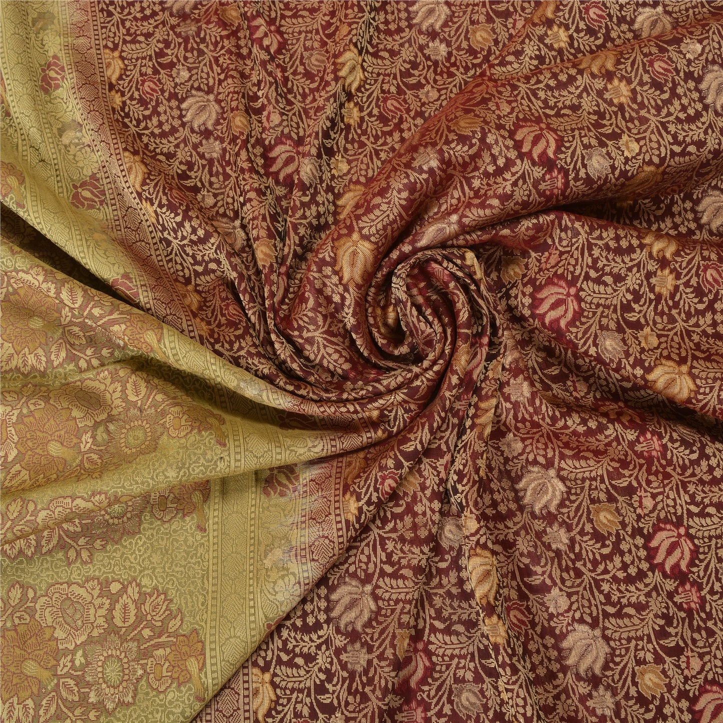 Sanskriti Vintage Dark Red/Green Sarees Pure Silk Woven Premium Sari Sustainable Fabric