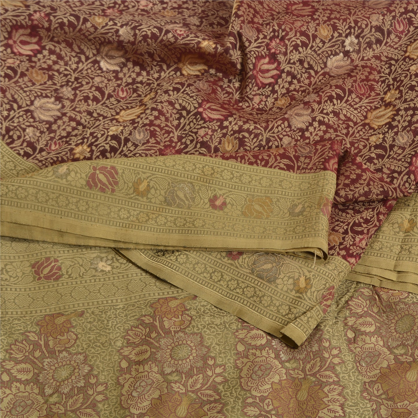 Sanskriti Vintage Dark Red/Green Sarees Pure Silk Woven Premium Sari Sustainable Fabric