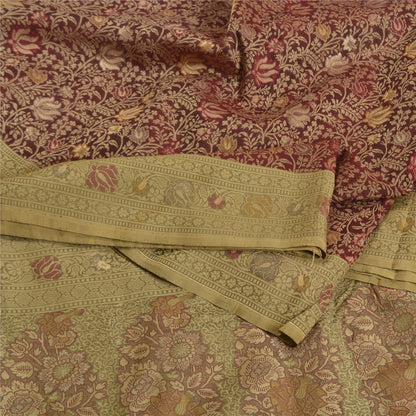 Sanskriti Vintage Dark Red/Green Sarees Pure Silk Woven Premium Sari Sustainable Fabric