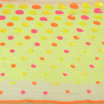 Sanskriti Vintage Cream Indian Sarees Blend Georgette Hand Beaded Sari Sustainable Fabric