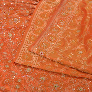 Sanskriti Vintage Orange Indian Sarees Pure Silk Hand Beaded Premium Sari Fabric